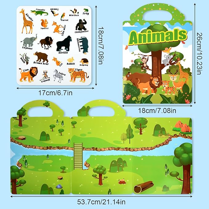 ASTARON 3 Pack Reusable Jelly Sticker Books for Kids, Cute Waterproof Dinosaurs Animals Vehicles Stickers, Portable Travel Toys and Educational Sensory Learning Toys (3-6 Age)