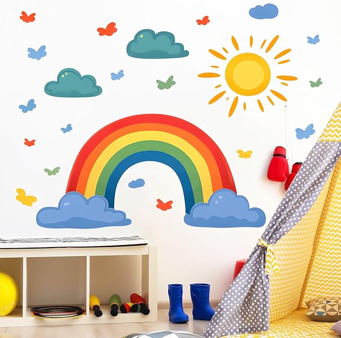 Eutecado Rainbow Wall Decals Watercolor Sun Cloud Wall Stickers for Kids Room, Cute Cloudy Rainbow Wall Decor Butterfly Sun Decorations Peel and Stick Removable Decals for Girls Room Nursery