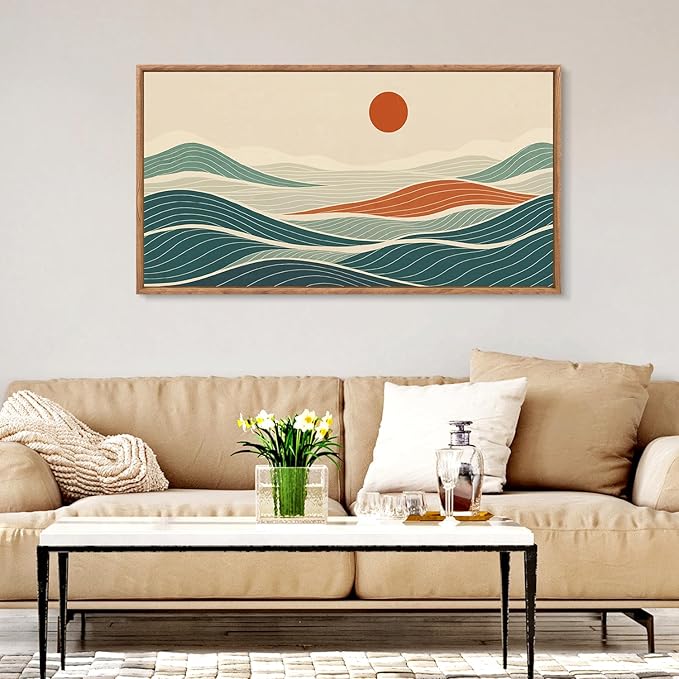 CHDITB Coastal Long Horizontal Framed Wall Art, Minimalist Sea Wall Decor, Waves Line Artwork Ocean Waves Painting, Modern Coastal Art Prints for Beach House Decor Nautical Theme Room 40”x20”x1