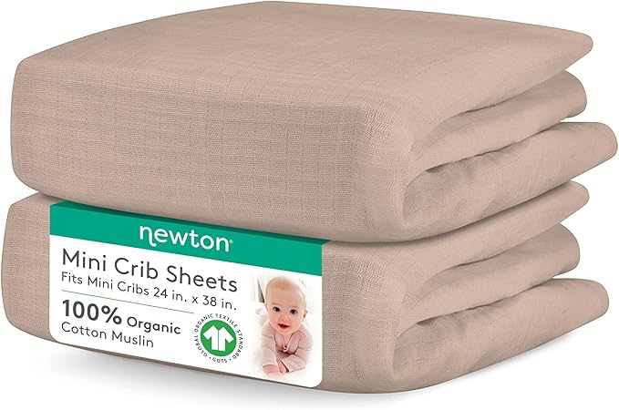 Newton Baby Fitted Mini Crib Sheets (2-Pack) | Organic Muslin Cotton, Breathable & Soft Baby Sheets, Washable Baby Mattress Sheets, Fits Mini Crib Mattresses 24" x 38", Clay