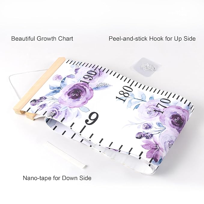 BESSLEE Canvas Kids Growth Chart for Wall, Purple Flowers Height Measurement Tracker for Baby Girl, Hanging Ruler with Removable Hook, Nursery Room Playroom Toddler Bedroom Decor, 79”x7.9”