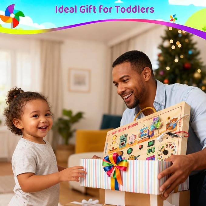 My Busy Home Montessori Busy Board for Toddlers 1-3 - Wooden Sensory Activity Board with Kitchen Appliances, Switches, Clock | Educational Fine Motor Skill Toy for 1+ Year Old Boys Girls
