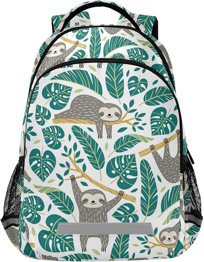 MNSRUU School Backpack with Chest Strap, Cute Sloths And Tropical Palm Leaves Laptop Backpack, Travel Hiking Backpack for Boys Girls, Rucksack, Knapsack