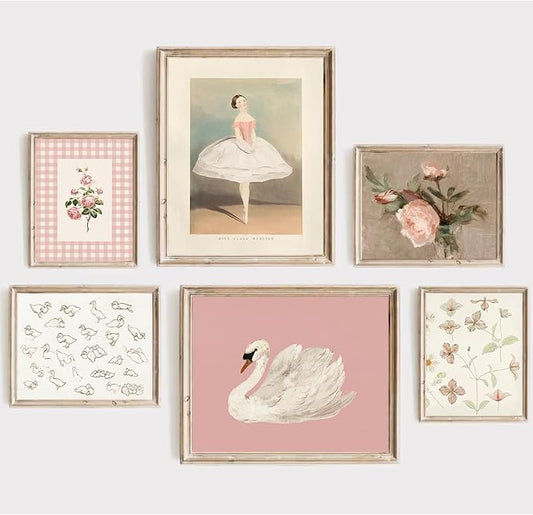 Nursery Pink Wall Art Decor Baby Girl Room Prints Vintage Nursery Floral Canvas Wall Decor Preppy Room Pictures Pink Swan Flower Paintings Artwork for Girls Bedroom 12x16 Inch Unframed Set of 6