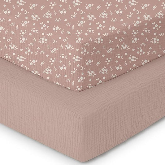 Muslin Crib Sheets–100% Organic Cotton Baby Sheets for Boys & Girls,2 Pack Muslin Mini Crib Sheets for Toddler Mattress,Breathable Crib Mattress Sheets 28''x52''(Flower)