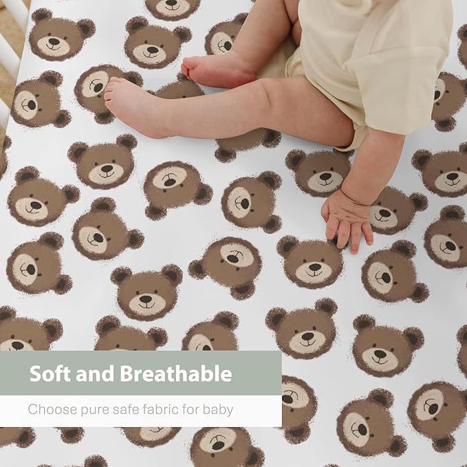 Neutral Boho Bears Baby Crib Sheets for Boy Girl 52x28Inch Cute Brown Bear Soft Snug Fitted Crib Mattress Covers Watercolor Bears Nursery Baby Sheet for Crib and Toddler Bed Mattresses