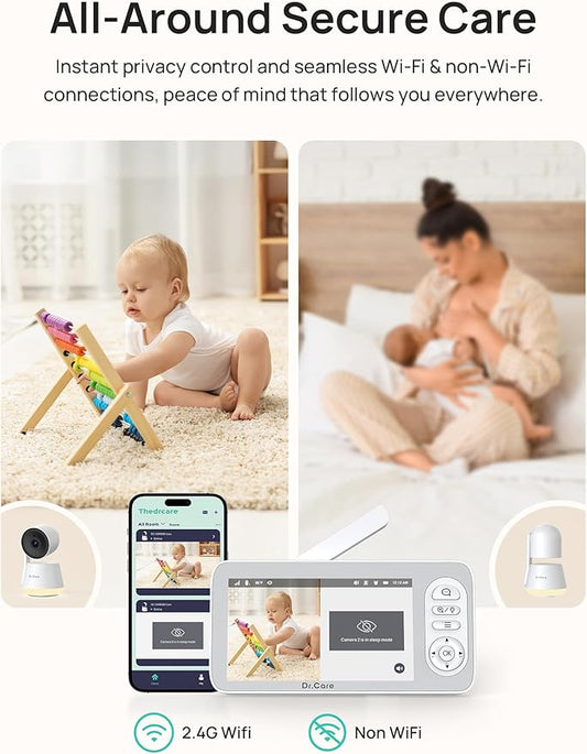 Dr.Care LumiView Plus Smart WiFi Baby Monitor - 5.5" 1080P Split Screen & 2K Camera, Privacy Mode, Cry & Motion Alerts, 5000mAh Removable Battery, RGB Night Light, HD Night Vision, App Control, 1279ft