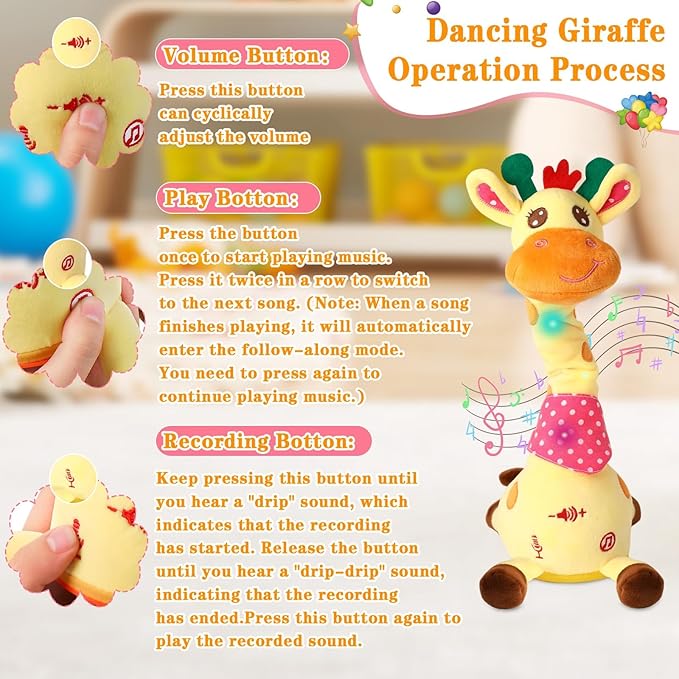 Dancing Talking Giraffe Toy, Stuffed Animal Baby Toy Repeating What You Say, Glowing Musical Electronic Giraffe Gifts for Toddlers 1-3 Years Old (Giraffe)