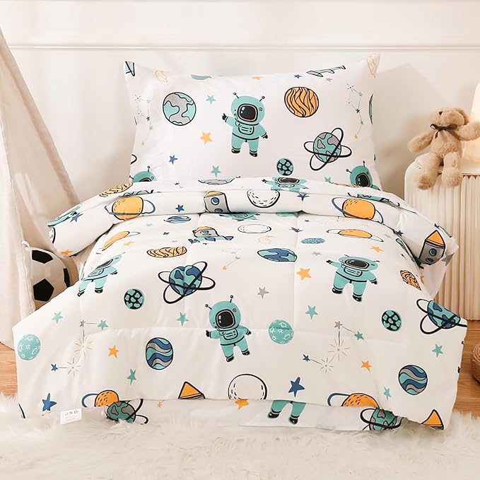 JSD Blue Astronaut Toddler Bedding Set, 4 Piece Space Theme Rocket Bed-in-a-Bag Toddler Comforter Sheet Set, Machine Washable