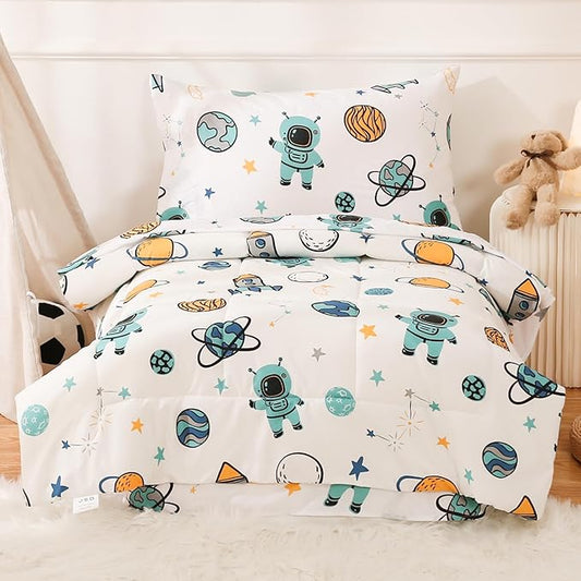 JSD Blue Astronaut Toddler Bedding Set, 4 Piece Space Theme Rocket Bed-in-a-Bag Toddler Comforter Sheet Set, Machine Washable