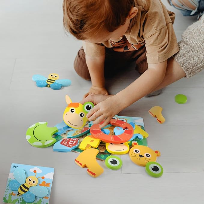6 Pack Toddler Wooden Jigsaw Animals Cubic Puzzles for Kids Girls Boys Toddlers, Educational Preschool Montessori Toys Birthday Gifts for Colors & Shapes Cognition Skill Learning