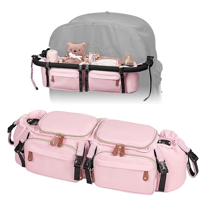 Boomistry Double Stroller Organizer for Bob Duallie and Baby Jogger City Mini GT2, Double Stroller Caddy Organizers with Cup Holder and 2 Cooler Pockets Parent Console Double Stroller Accessories
