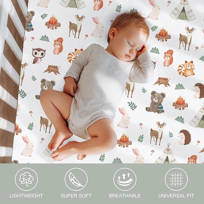 Camping Animals Baby Crib Sheets for Boy Girl 52x28In Bear Deer Raccoon Squirrel Bunny Hedgehog Owl Soft Snug Fitted Crib Mattress Cover Baby Sheet for Standard Crib & Toddler Mattress 2 Pack
