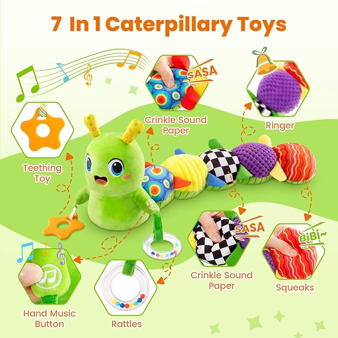 Baby Toys 0-6 Months, Washable Baby Musical Caterpillar Toys with 10 Kid's Songs,Rattles,BabyTeething Toys,Suitable for 0-6, 6-12 Months Infant Tummy Time Toy,Newborn Baby Boy&Gril Gifts (Green)