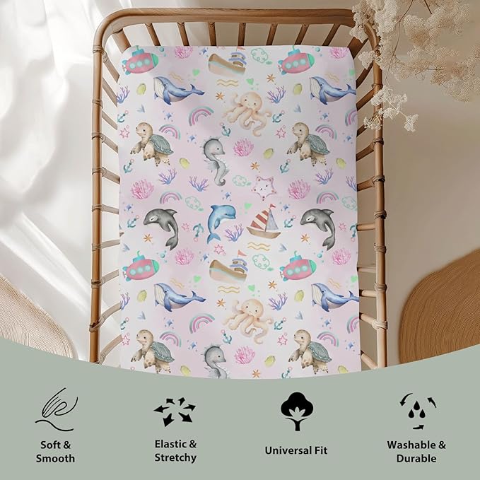 Colorful Ocean Animals Baby Crib Sheets for Boy Girl 52x28Inch Sea Horse Turtle Whale Rainbow Corals Soft Snug Fitted Crib Mattress Cover Marine Life Baby Sheet for Standard Crib & Toddler Mattress