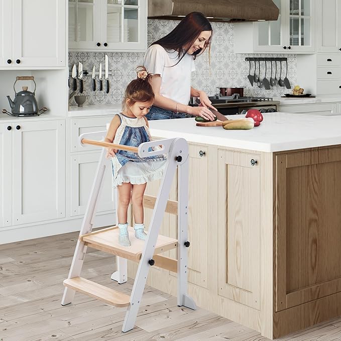 Gewitt Foldable Toddler Kitchen Stool Helper - Adjustable Height Toddler Standing Tower, Kids Helper Stool with Safty Rail for Kitchen Counter Bathroom (White)