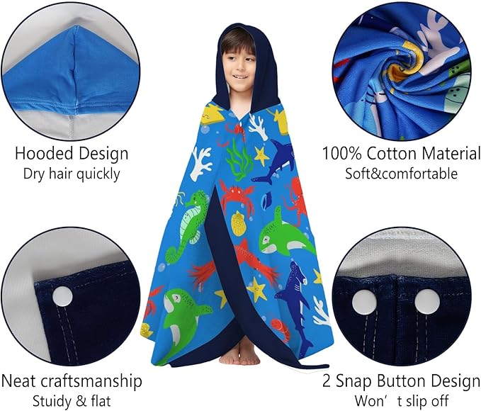 Thickened Hooded Towels for Kids Suitable Girls Boys Kids Bath Towels, 30"x50" Super Absorbent, Shark Cute Cartoon Toddler Towels Multi-Purpose for Beach, Pool and Bathroom