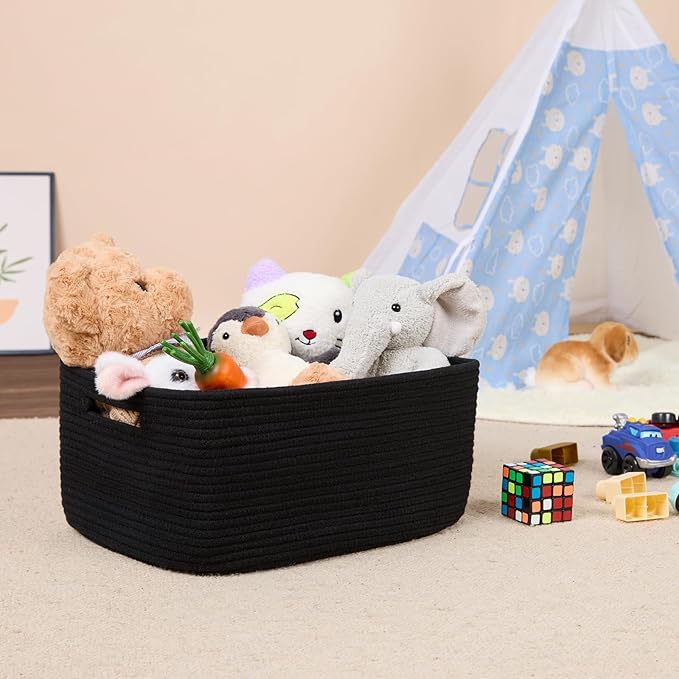 MiniArk Large Storage Baskets for Shelves, Closet Organizers Bins for Clothes Blanket Towels, Baby Nursery, Toy Baskets Box, Woven Rope Baskets, 17 x 13 x 7.5”, 3 Packs Black