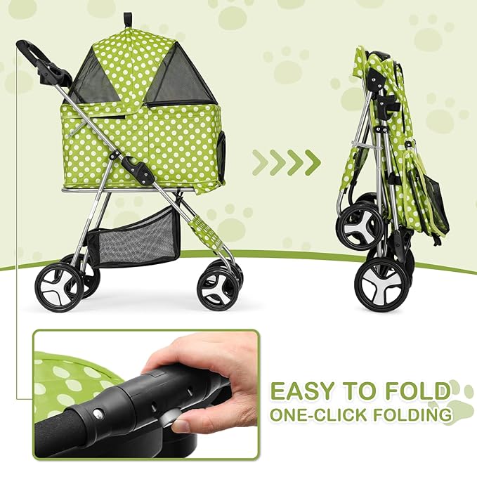 MoNiBloom 3 in 1 Foldable Pet Stroller for Small & Medium Dogs, Detachable Carrier, Car Seat, Push Button Entry, 4-Wheel Jogger for Pets up to 33 lbs, Lawn Green Polka Dots