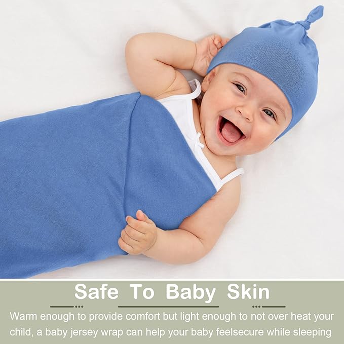 JaGely 2 Pcs Stretchy Baby Swaddle Blankets Set Extra Soft 47" x 47" Baby Newborn Swaddle Blanket and Hat(Blue, Army Green)