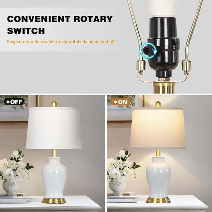 LUXEFLOW White Ceramic Table Lamps Set of 2, 23" Modern Ceramic Bedside Lamps with Ginger Jar Design, Farmhouse Lamp for Living Room End Table, Elegant Bedroom Lamp for Nightstand Desk Side Home Decor