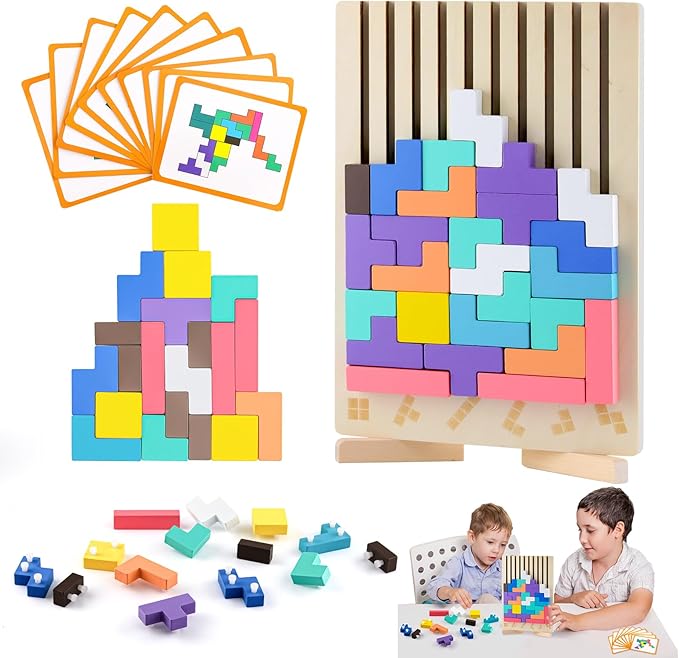 Wooden Montessori Russian Blocks Puzzle, 3D Stacking Brain Teaser Toy, Colorful Block Jigsaw Board Game, Educational Wooden Puzzle for Toddlers and Kids Ages 3–6, Learning Gift for Boys & Girls