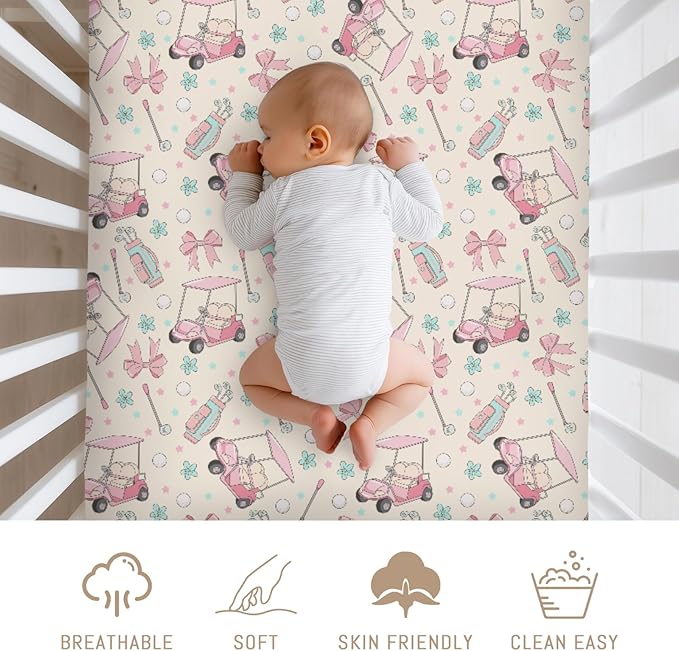 Girly Golf Stripes Bows Floral Baby Crib Sheets for Girls Pastel Pink Golfing Soft Snug Fitted Crib Mattress Covers for 52''x28'' Standard Crib & Toddler Mattress Preppy Girl Sports Nursery Bed Sheets