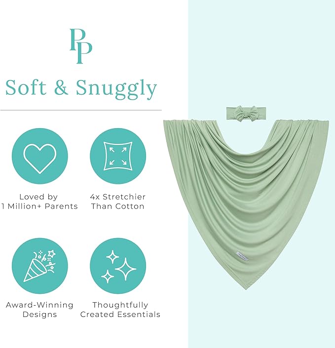 Posh Peanut Swaddle Blanket & Headband Set – Viscose from Bamboo Stretchy Baby Swaddle for Newborn Girls, Receiving Blanket or Nursing Cover (Sage)