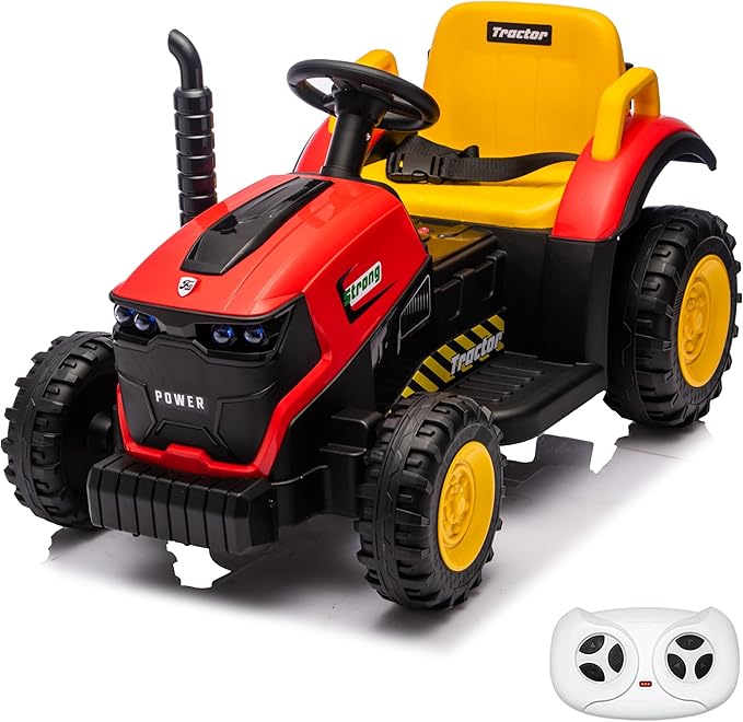 12V Kids Ride On Tractor with Parental Remote, Battery Powered Electric Farm Vehicle with Forward/Reverse, Lights, Music, Bluetooth, Dual Motors, Safe Speed, Outdoor Toy Car for Kids Ages 2-6