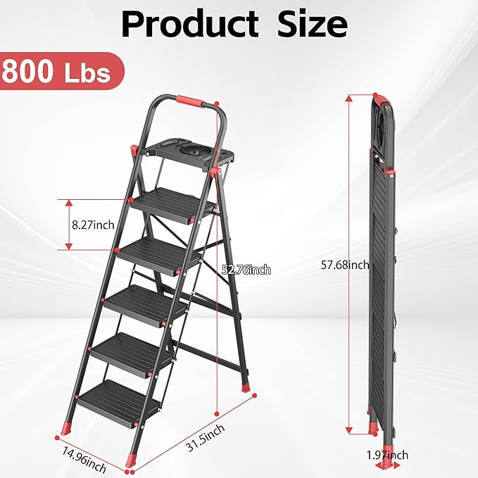 5 Step Foldable Step Ladder with Mutifunctional Tool Tray, Platform Ladders Stepstools, Step Stool 5 Step Folding with Non-Slip Pedals, 800lbs Bearing Capacity for Adults, Home, Kitchen, Black Red