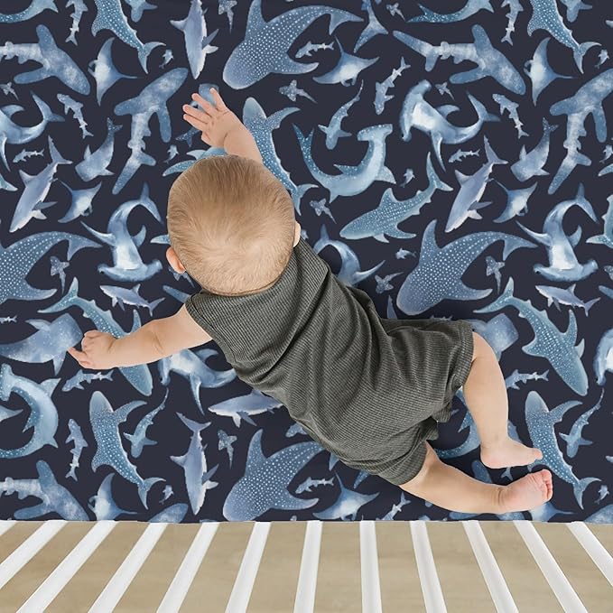 Blue Sharks Baby Crib Sheets for Boy Girl 52"x28" Sea Ocean Animal Soft Stretchy Fitted Crib Mattress Covers Nautical Shark Nursery Baby Sheet for Standard Crib and Toddler Bed Mattress