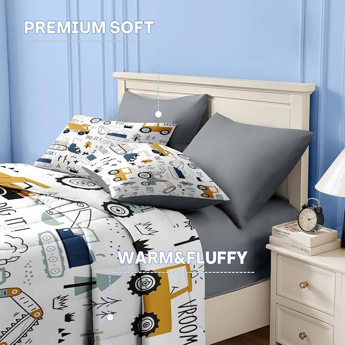 Nesker 4 Pcs Comforter Set Toddler Size, Construction Vehicles Bedding for Kids Teen, Cargo Crane Bulldozer Excavator Bed Sheet with Pillowcase & Sham