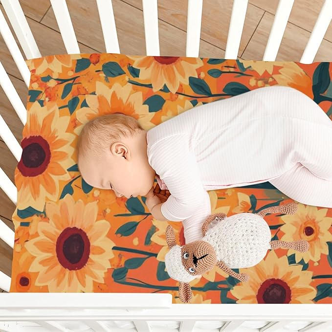 Orange Sunflowers and Poppy Flowers Crib Sheets Standard Crib Toddler Mattresses Cover Fitted Baby Bed Sheet Breathable Crib Mattress Sheet for Girls Boys 39''x27''x9''