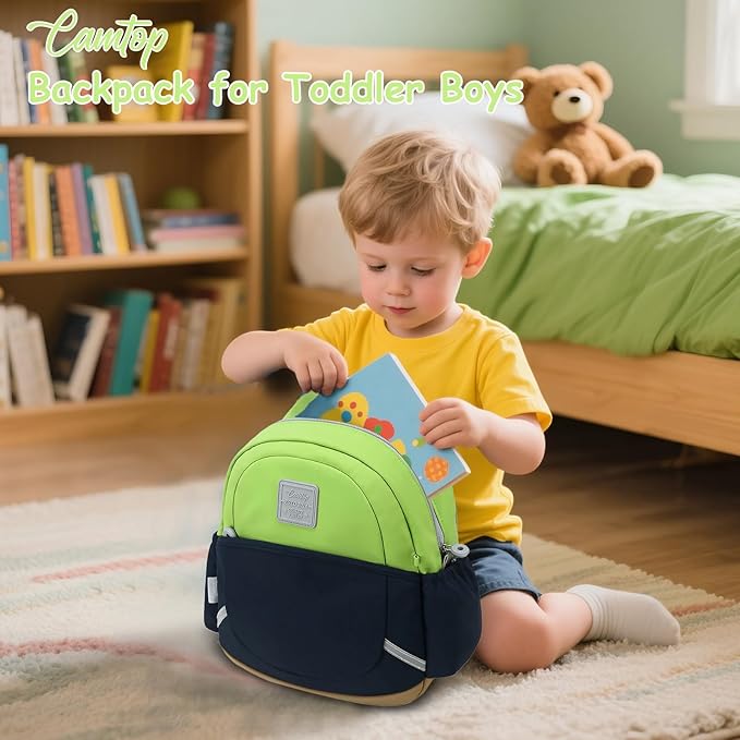 CAMTOP Toddler Backpack for Boys Girls 2-4, Kids Backpacks for Kindergarten Preschool, 12" H Small Bookbag for Daycare Travel (Green & Blue & Brown, 12''- Not fit A4 folder)