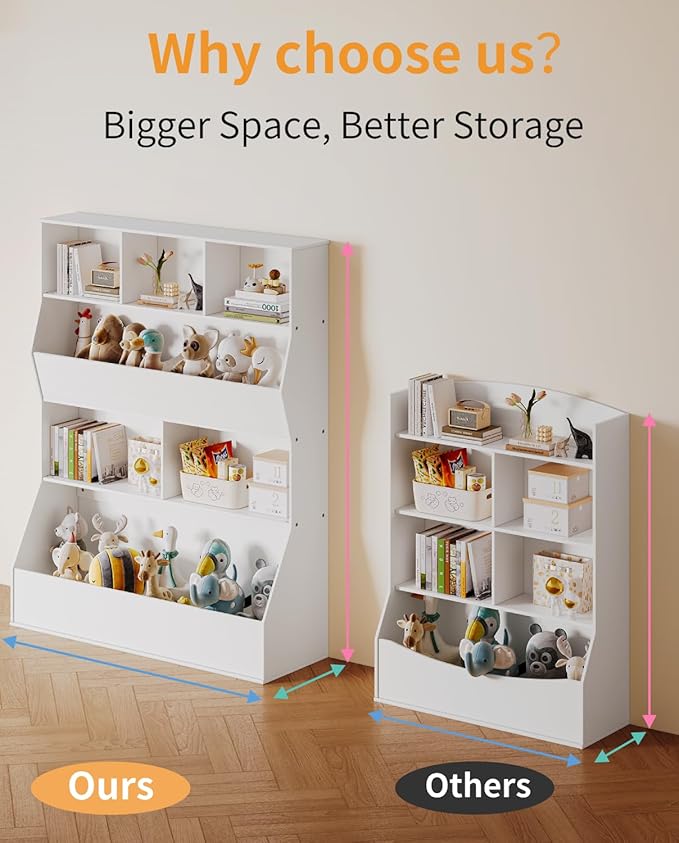 Arlopu Kids Bookshelf & Toy Storage Organizer, 4 Tier Wooden Cabinet with Open Design, Toddler-Friendly Bookcase for Playroom, Nursery, Classroom, Kindergarten (White)
