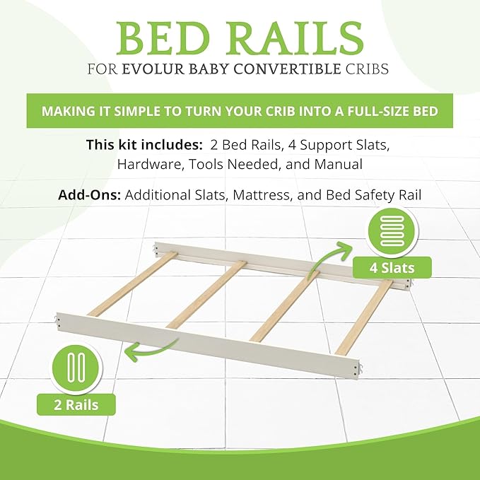Full-Size Conversion Kit Bed Rails for Evolur Cribs - Solid Wood Crib Convertible Kit to Kids Bed - Transitional Style Rails & Easy-to-Install Child Essentials for Safety (Linen Grey)