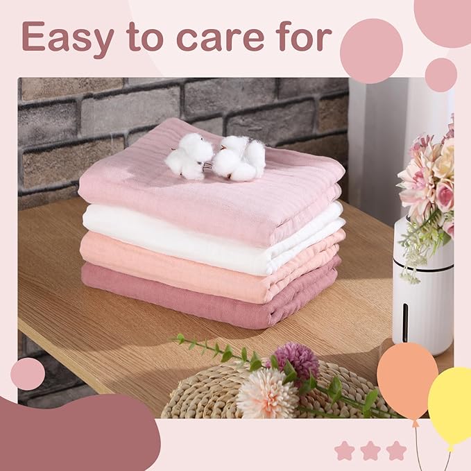Peryiter 4 Pcs Muslin Hooded Baby Towels, 32x 32'' Cotton Newborn Bath Towel Muslin Infant Baby Blankets Absorbent Unisex Christmas Registry Gift Essentials for Girls Boys (Light Pink)