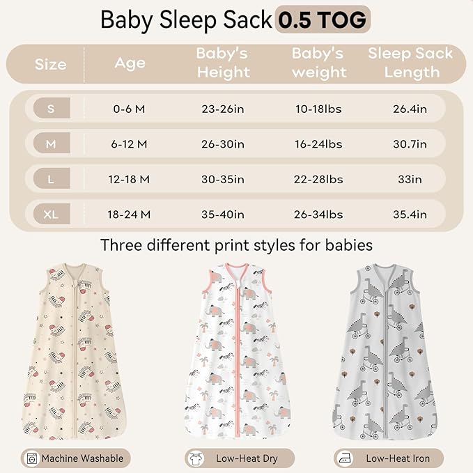 Baby Sleep Sack 18-24 Months 3 Pack 100% Cotton Lightweight 0.5 TOG Wearable Blanket Baby Sleep Bag with 2-Way Zipper for Newborn Infant Pink Apricot Gray Zebra