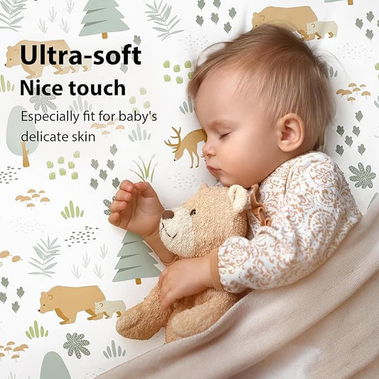 Baby Mini Crib Sheets Boy, Portable 38”x26” Pack and Play Sheets Fitted for Playard and Pack N Play Mattress, 3-Pack Soft Microfiber Green Forest Bear