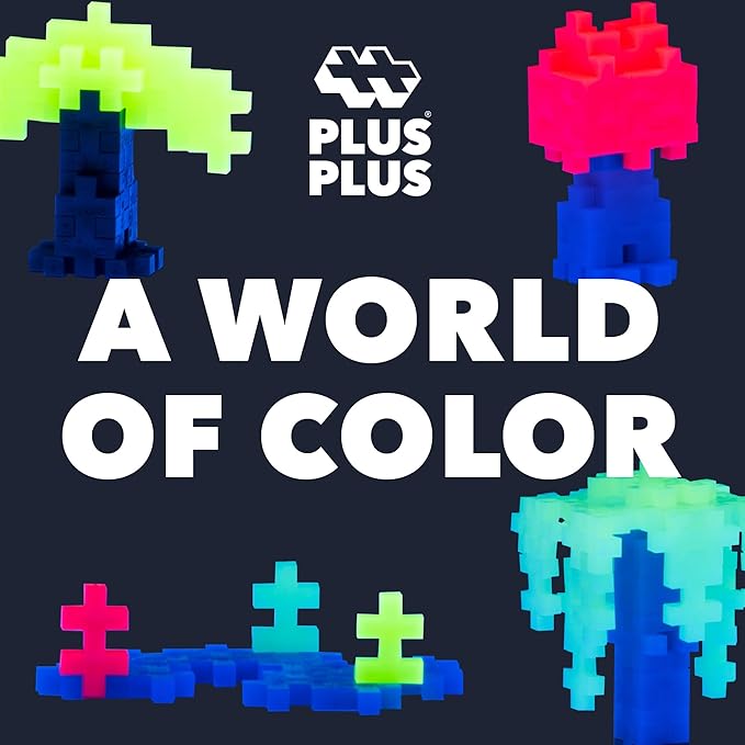 PLUS PLUS 70 Piece Interlocking Building Blocks for Kids, Open Ended Connecting Toys, Stem Bin Classroom Mini Manipulatives - Glow in The Dark Play Tube
