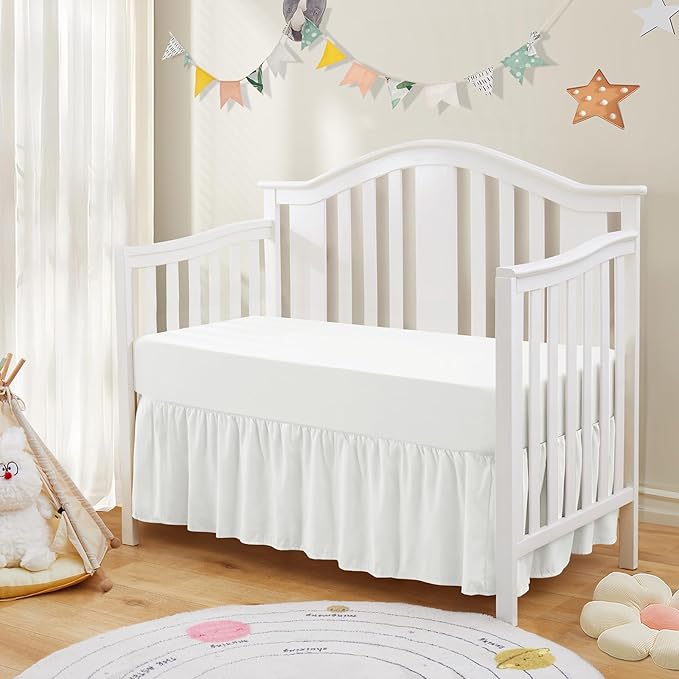 SiinvdaBZX 2-Piece Set Ruffled Crib Skirt & Microfiber Crib Sheet, Fit for Baby Standard Crib & Nursery Toddler Bedding, 52"x28" + Adjustable Elastic 14" Drop (White)