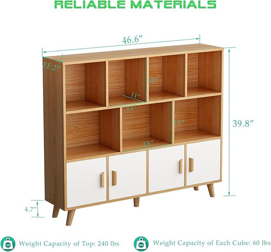 OSCHF Cubby Shelf Bookcase with Doors - Wooden 11 Cube Floor Standing Open Bookshelf with Solid Wood Legs, 3-Tier Storage Cabinet, Oak and Warm White