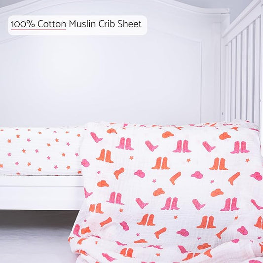 LollyBanks Fitted Crib Sheets for Girls, Soft 100% Cotton Western Baby Girl Sheet, Fits Standard Size Mattress 28 in x 52 in, Breathable Muslin Crib Sheet 1 Pack (Western Boot Print)