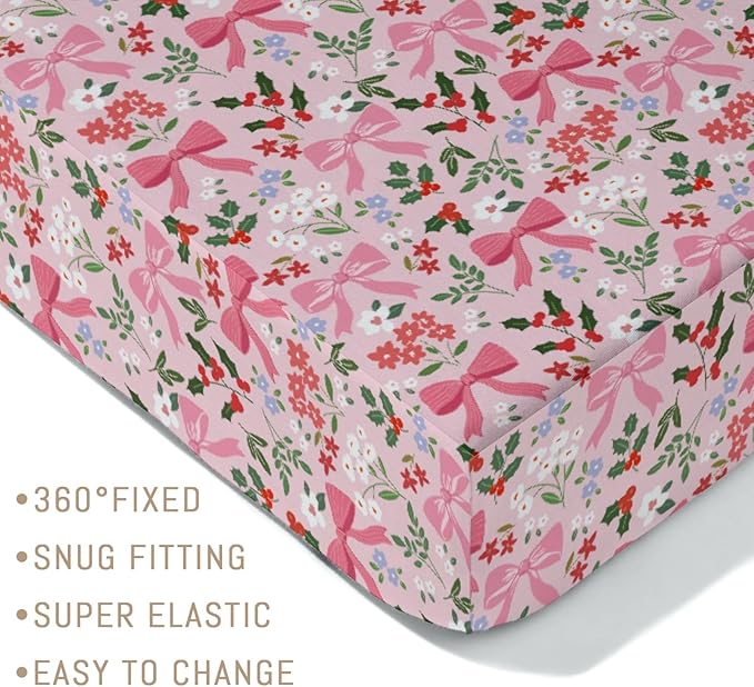 Preppy Pastel Floral Bows Baby Crib Sheets Pink Girly Floral Bows Soft Snug Fitted Crib Mattress Covers for 52''x28'' Standard Crib & Toddler Mattress Christmas Flowers Cherry Fir Leaves Bed Sheets