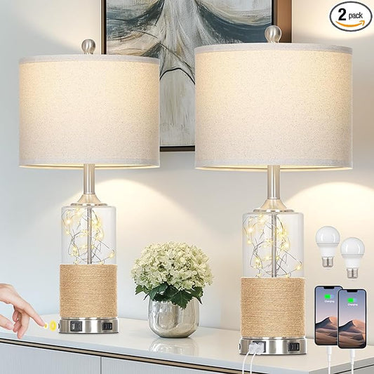 Cinyirong 25" Boho Table Lamps Set of 2, Coastal Glass Bedside Lamps with USB A+C Ports and AC Outlet, Rattan Lamp with Night Light for Nightstand Living Room Bedroom, 2 LED Bulbs Included, Silver