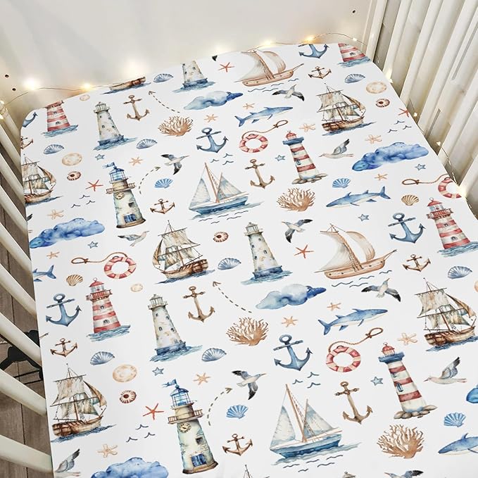 Sailing Adventure Baby Crib Sheets for Boy Girl 28"x52" Sea Lighthouse Ship Anchors Whale Shells Soft Snug Fitted Crib Mattress Cover Beach Summer Baby Sheet for Standard Crib & Toddler Bed Mattress
