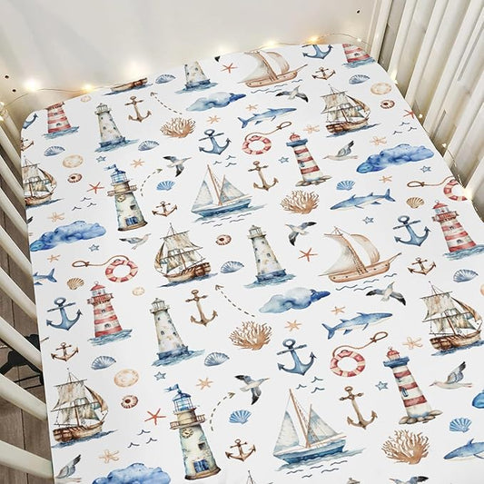 Sailing Adventure Baby Crib Sheets for Boy Girl 28"x52" Sea Lighthouse Ship Anchors Whale Shells Soft Snug Fitted Crib Mattress Cover Beach Summer Baby Sheet for Standard Crib & Toddler Bed Mattress