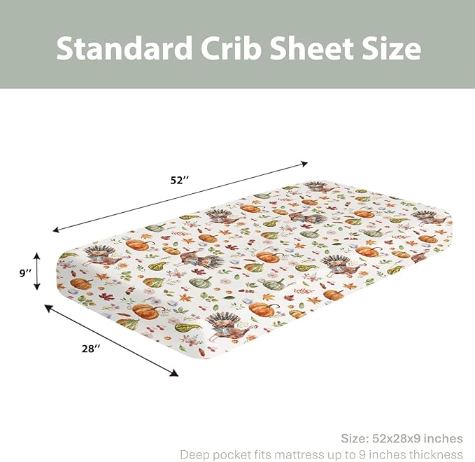 Thanksgiving Turkey Pumpkins Baby Crib Sheets for Boy Girl 52"x28" Vintage Autumn Leaves Soft Stretchy Fitted Crib Mattress Covers Fall Harvest Baby Sheet for Standard Crib and Toddler Bed Mattress