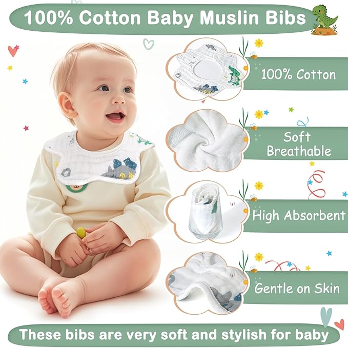5 Pcs Baby Towel Set, 32x32 in Hooded Bath Towel, 3 Pcs Baby Washcloths and Cotton Baby Bibs for Newborns, Toddlers and Kids, Soft Baby Towels and Washcloths Set for Boys and Girls (Green Dinosaur)