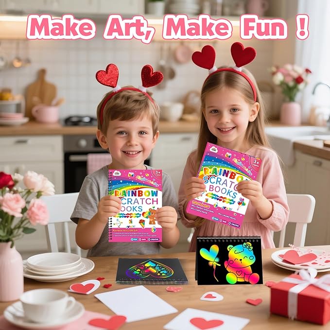 ZMLM Scratch Paper Art Craft: 2 Pack Rainbow Scratch Set for 3 4 5 6 7 8 9 10 Years Old Girls Boys Students Drawing Coloring Black Magic Art Supplies Kits Gifts School Birthday Party Toys (Valentines)